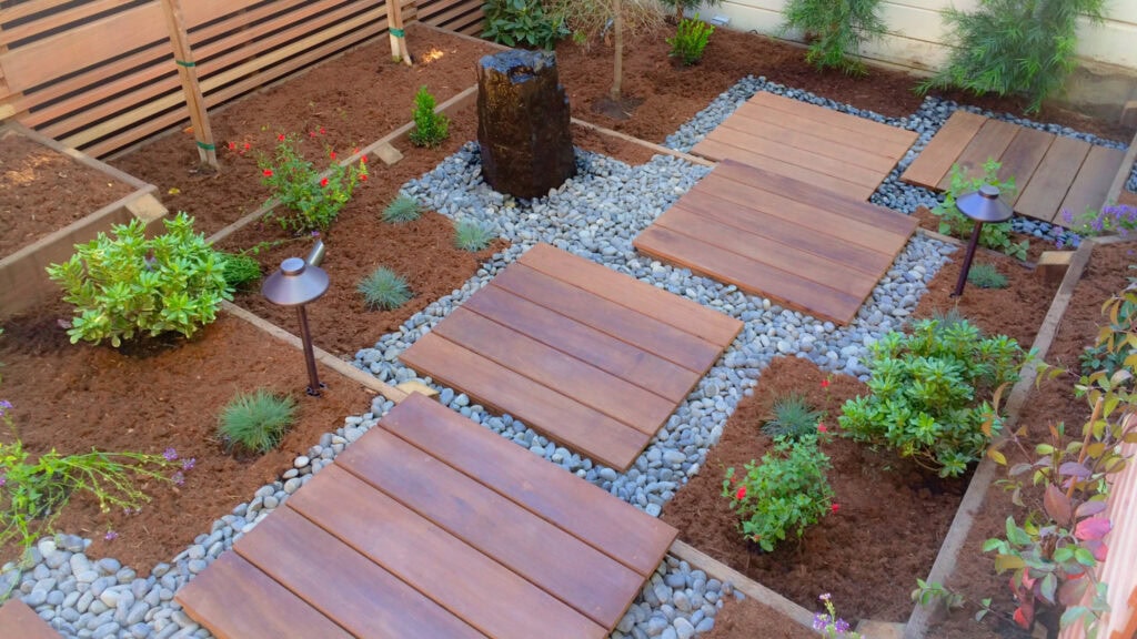 A Small, Modern Garden With Wooden Stepping Stones On A Gravel Path, Surrounded By Mulch, Greenery, And Small Plants. A Vertical Stone Water Feature And Two Garden Lights Are Included.